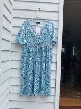 Blue Floral Summer Babydoll V-Neck Cottagecore Dress